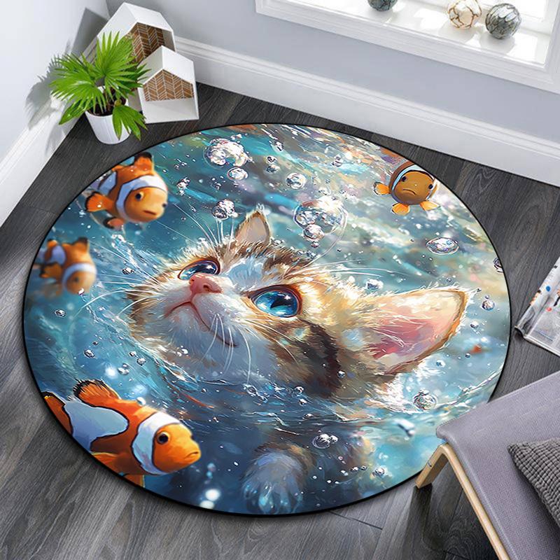 Kitten Clownfish Round Area Rug,Carpet Rug for Living Room Bedroom Sofa Playroom Decor,Non-slip Floor Mat