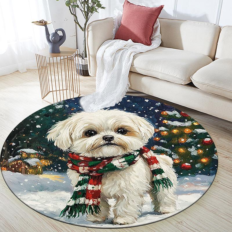 Winter Dog Round Area Rug,Carpet Rug for Living Room Bedroom Sofa Playroom Decor,Non-slip Floor Mat