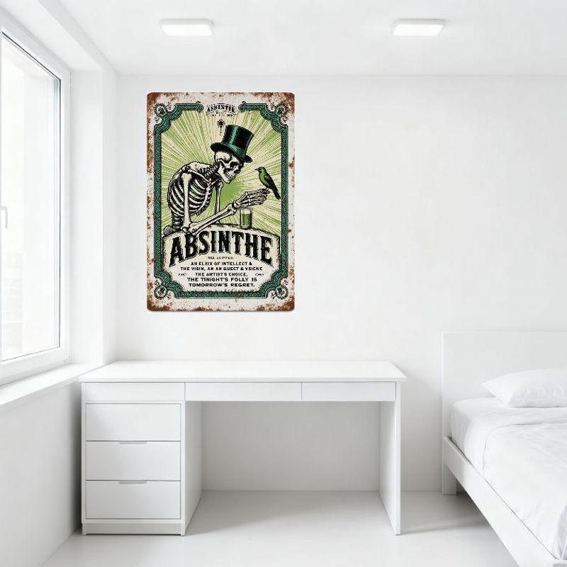 Винтажная металлическая вывеска Absinthe, Скелет с птицей, Потертое рустикальное настенное искусство для бара, мужской комнаты, домашнего декора