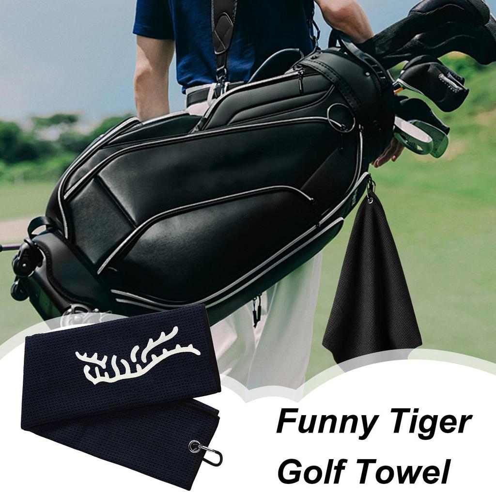 NEW 1pc Tiger Embroidered Golf Towel, Microfiber, Waffle Texture, Soft Material, with Carabiner, for Golf Bags and Accessories