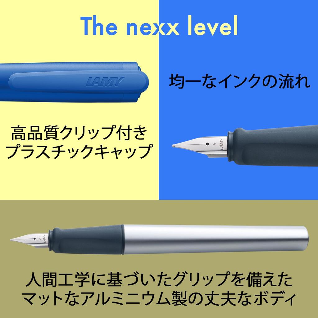LAMY nexx Blue Fountain Pen Grip and Polished Steel Size A Triangular Aluminum Body Includes LAMY T10 Blue Ink Cartridge - Non-Slip Nib, - - -