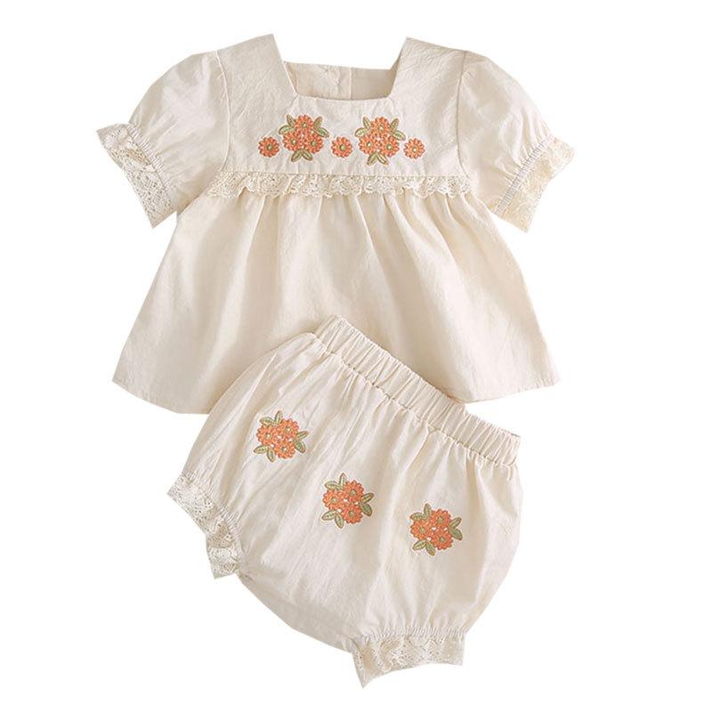 Summer Newborn Baby Girl Short Sleeve Embroidered Romper Cute Infant Bodysuit Triangle Climbing Clothes Set
