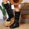 Fashion Black Pu Leather Knee-High Boots Women Slip On Med Heel Western Cowboy Boots Woman Autumn Winter Pleated Long Botas Plus Size 43