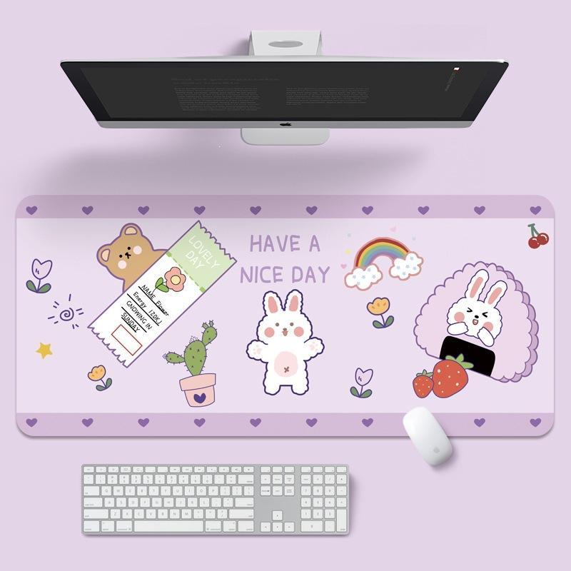 Large Extended Desk Mat Cute Cherry Pink Plaid Print Nonslip Base For Home Office Gaming Use