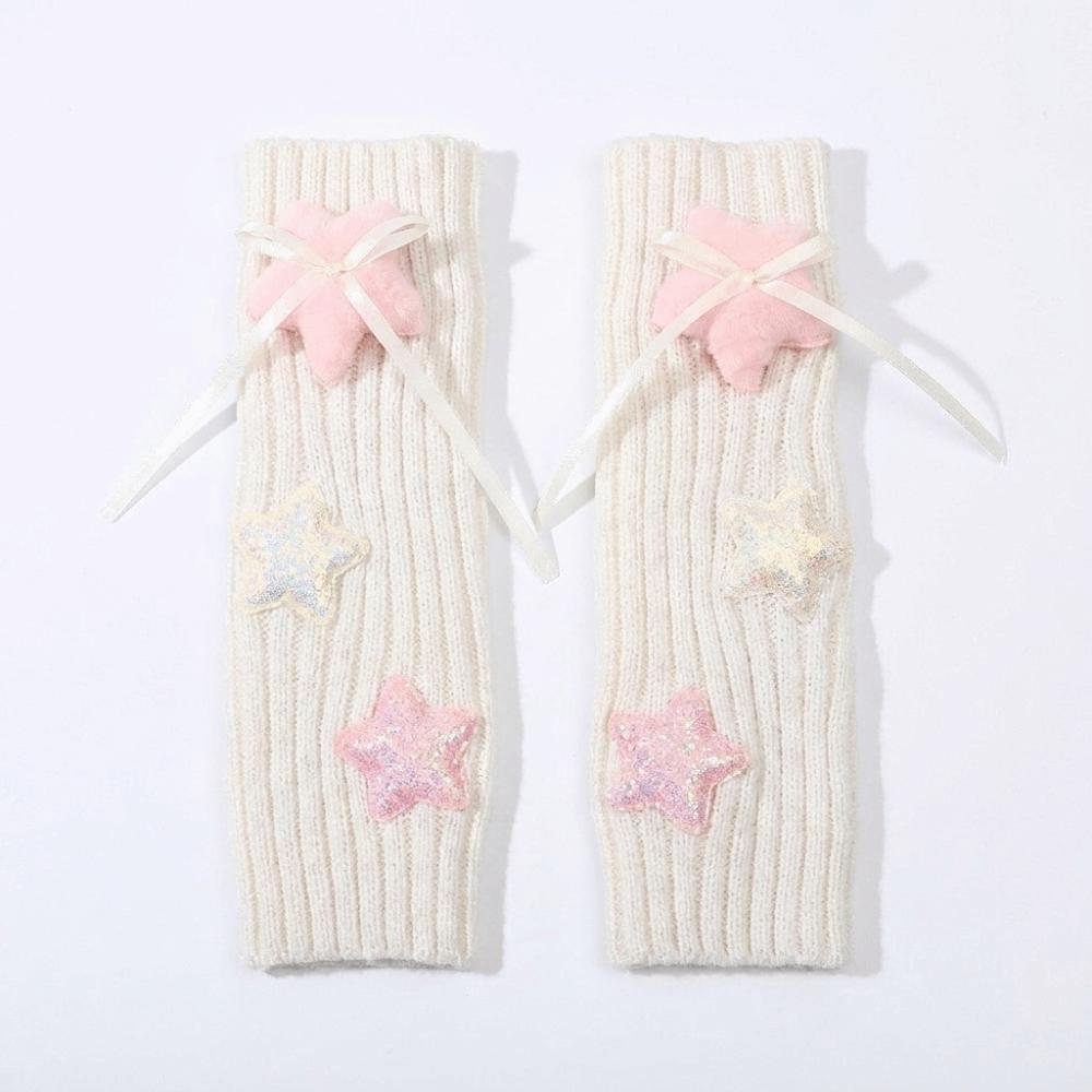 Sequin Star Decorated Soft Knitted Arm Warmers Ribbon Bow Decor Half Finger Gloves  Daily Wear
