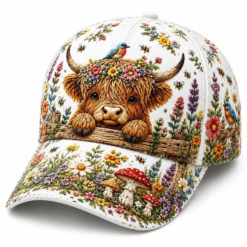 Floral Highland Cow Baseball Cap for Women, Adjustable Cow L