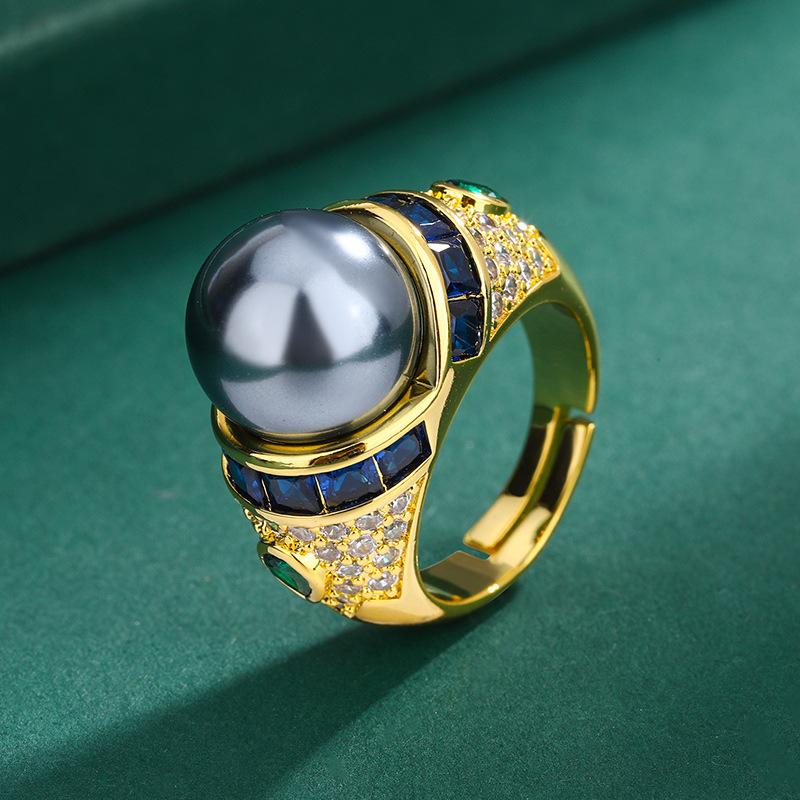 Позолоченное легкое роскошное кольцо на указательный палец с ракушками, кольцо с эмалированным цирконием и жемчугом, кольцо с серым таитянским жемчугом.