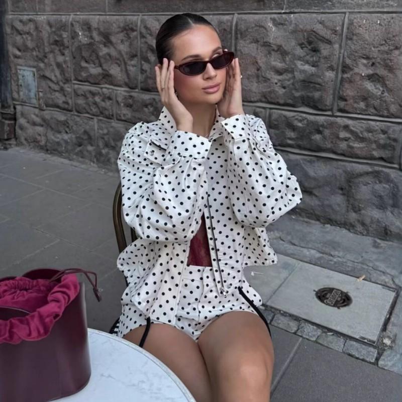 Womens Polka Dot Print Baseball Jacket Loose Fit Long Sleeve Stand Collar Fall 2025