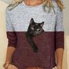 Color Block Printed Long Sleeved Casual Daily Basic Retro Round Neck 3D Cat Printed Women's T-shirts - Soft Medium Stretch Relaxed Fit Clothing