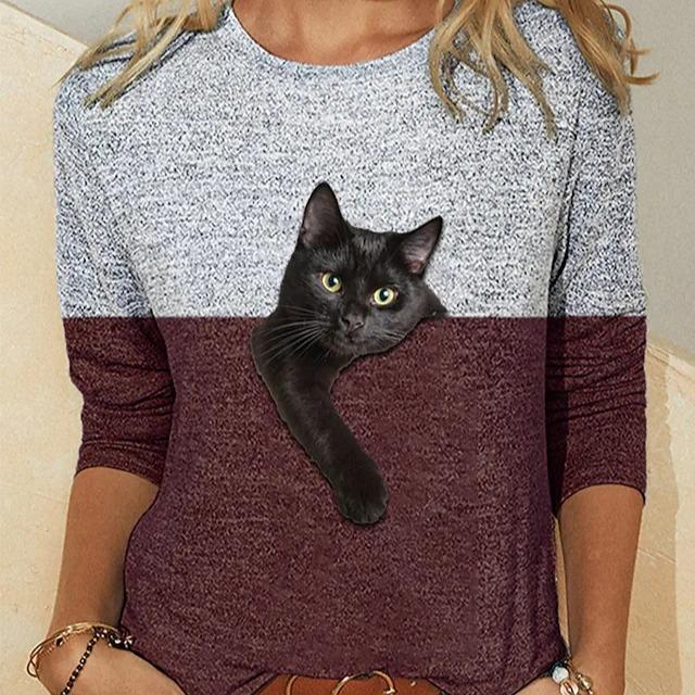 Color Block Printed Long Sleeved Casual Daily Basic Retro Round Neck 3D Cat Printed Women's T-shirts - Soft Medium Stretch Relaxed Fit Clothing