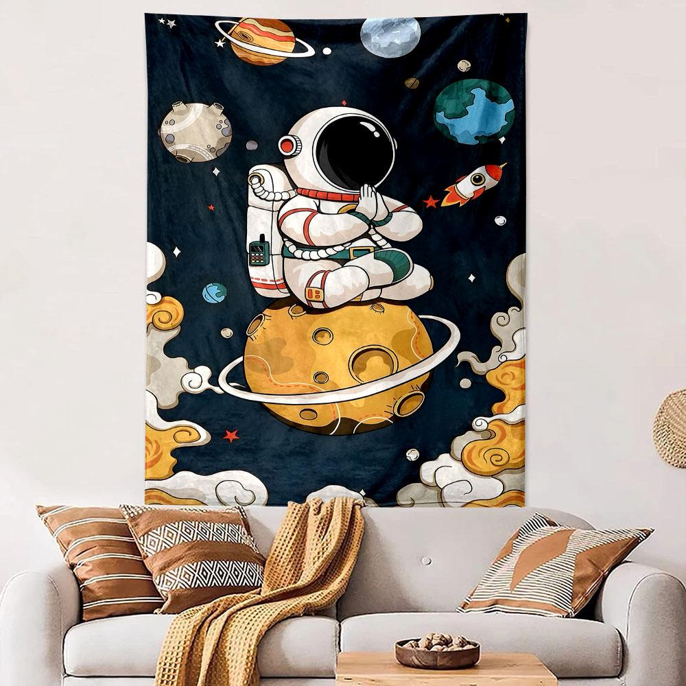 Astronaut Meditating on a Planet Patterned Tapestry Decorative Wall Hanging, Home Bedroom Living Room Decor