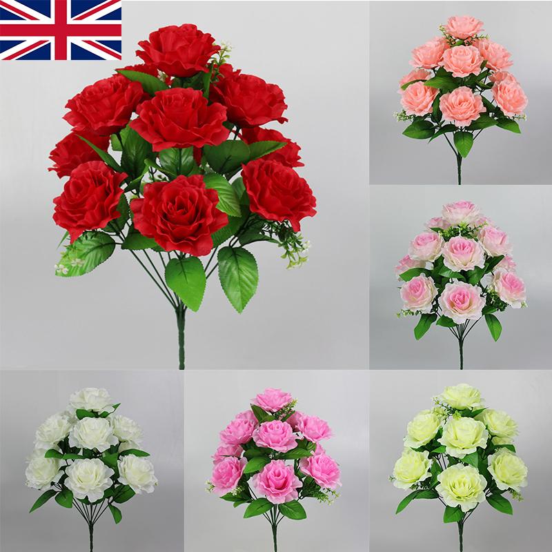 12Heads Silk Rose Artificial Flowers Fake Bouquet Wedding Party Home Grave Decor