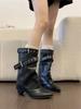 Ретро ботильоны на толстом каблуке средней высоты женские 2025 новая осень универсальные остроносые ботинки в ковбойском стиле с пряжкой-ремнем ботинки-брюки
