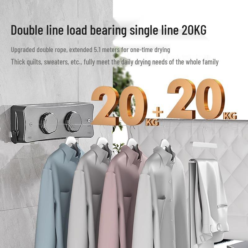 Двухрядная выдвижная бельевая веревка без проколов для использования в помещении и на балконе - невидимая и регулируемая стальная проволока для подвешивания и сушки