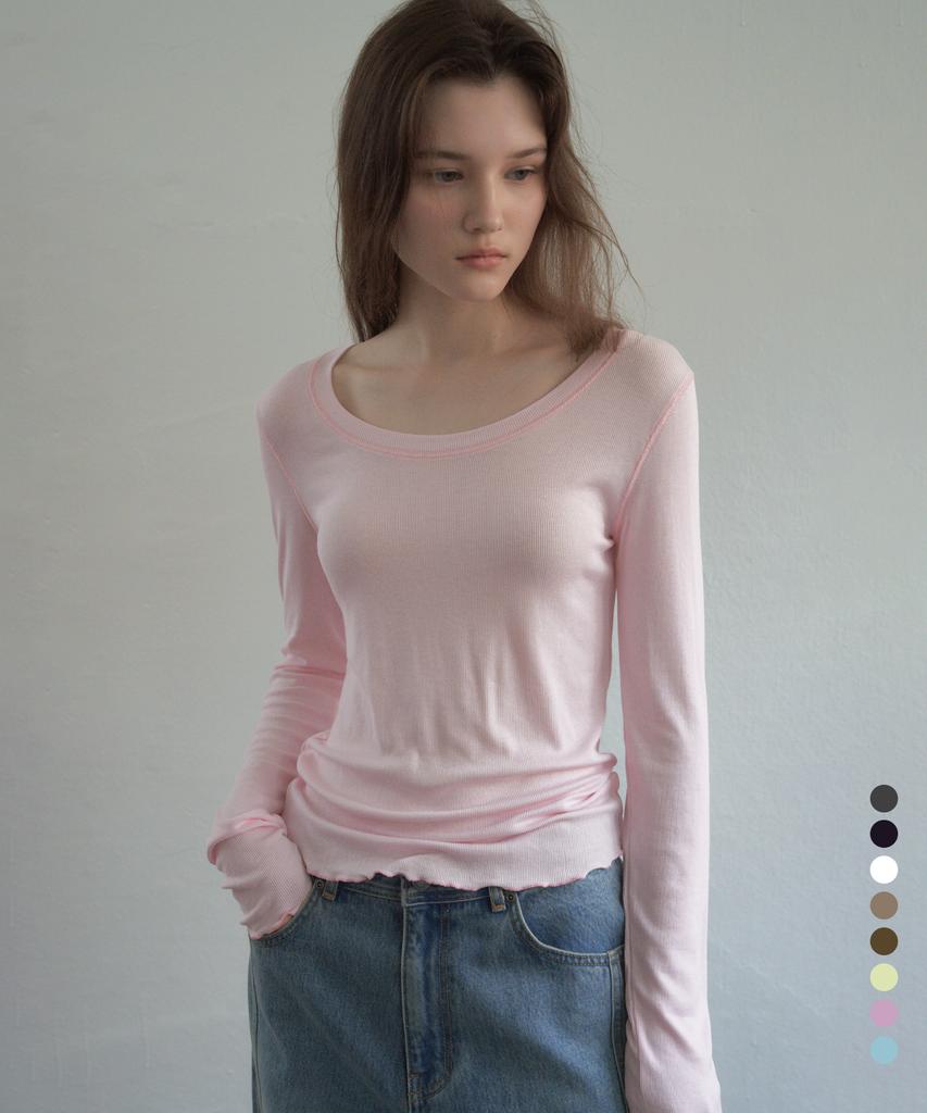 CITTA Contrast Stitch Soft U-Neck Long Sleeve T-Shirt_Ctt393(8Color) (A Type)