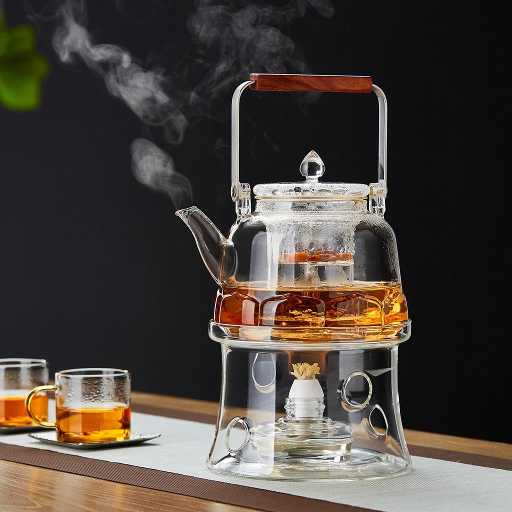 Pokaro Tea Heat-Resistant Glass Teapot, 1060ml, Integrated Steamer, Tea Strainer, Lotus-Shaped Glass Bottom, Clear Design, Wooden Handle, Perfect for