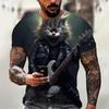 Трендовые футболки с графикой кота, играющего на рок-гитаре, летняя мода, мужские футболки с 3D-принтом животных, с коротким рукавом