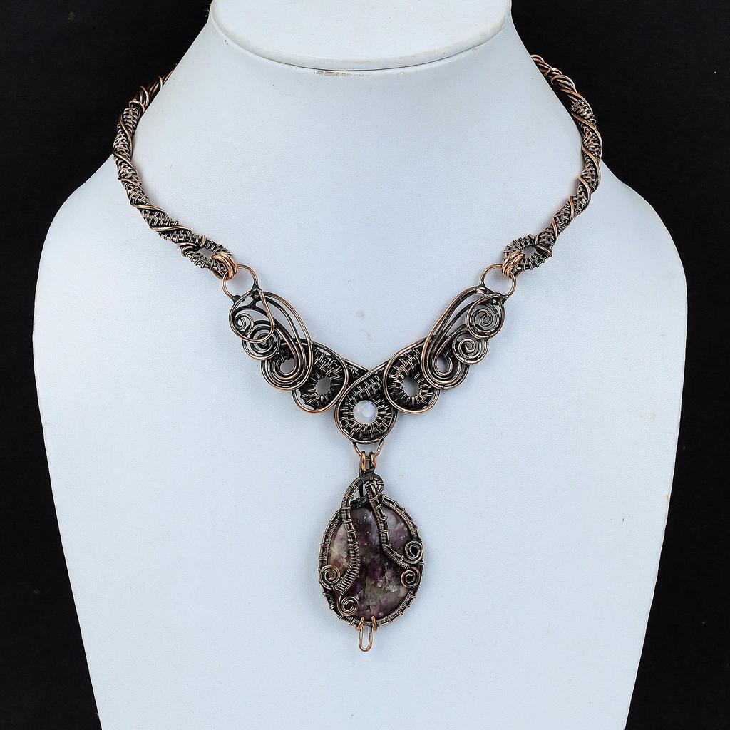 Ожерелье из розового турмалина Медная проволока Ожерелье Радужное ожерелье из лунного камня Ожерелье из драгоценных камней Медные украшения ручной работы Подарок на помолвку