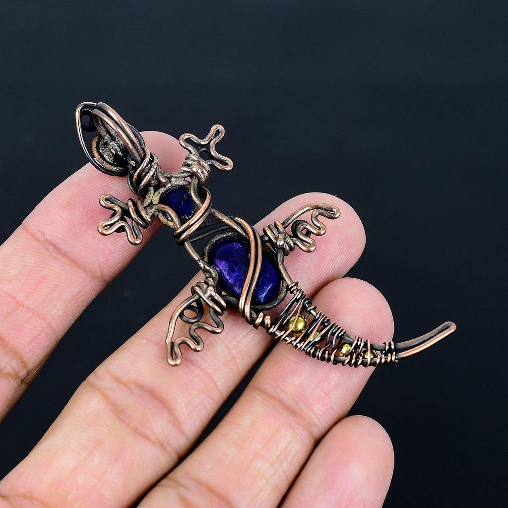 Кулон с синим сапфиром, Кулон с драгоценным камнем ручной работы, Кулон, обернутый медной проволокой 999 пробы, Антикварное украшение, Для подарка на помолвку