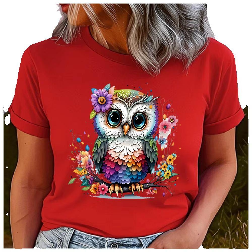 Women's Polyester 100%Colorful Owl Print T-shirt Loose round Neck Casual Short Sleeve Fashion Top Wholesale Clothing Summer