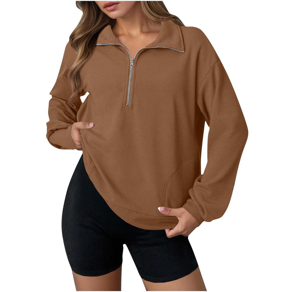 Women's Fashion Solid Color Zipper Lapel Solid Color Casual Sweatshirt Loose