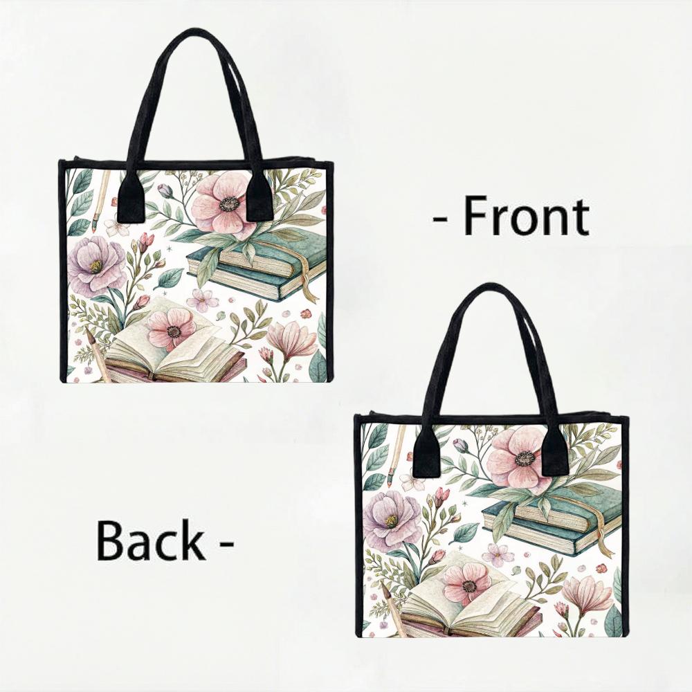 Vintage Floral Book Printed Tote Bag Daily Use Large Capacity Handbag