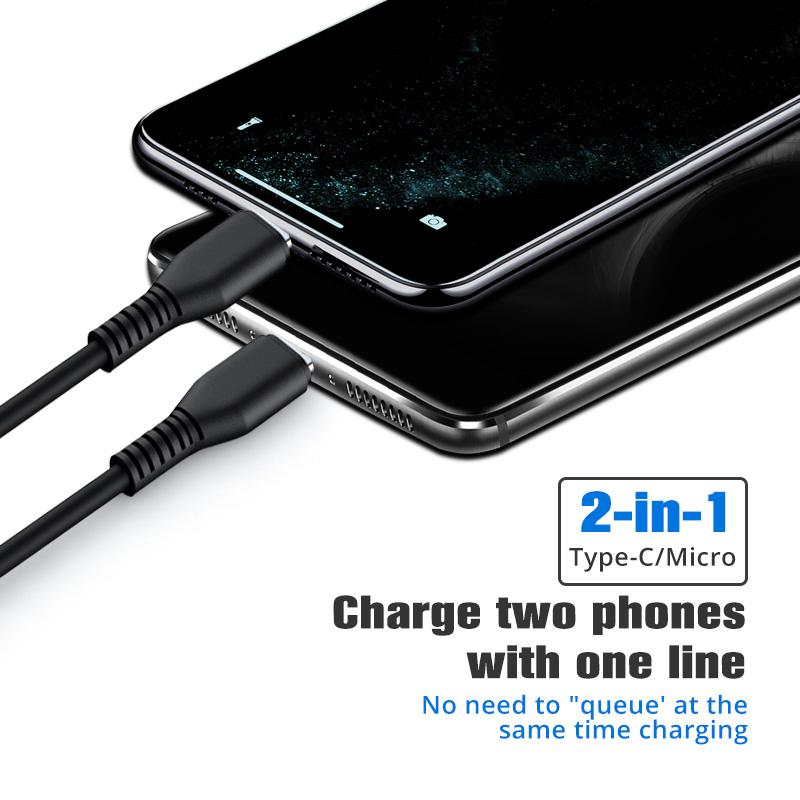 FONKEN Кабель Micro USB-разветвитель 2 в 1, кабель для зарядки типа C, 2 USB-кабеля, кабель для мобильного телефона, кабель Android для Xiaomi Samsung