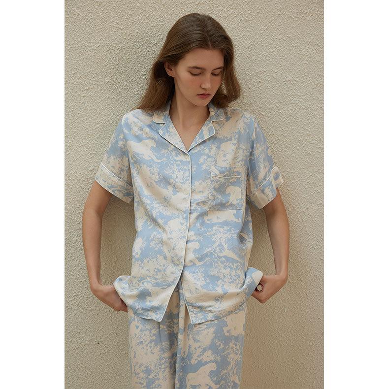 New cotton satin small fresh sky print Korean version women's summer short-sleeved trousers set loungewear