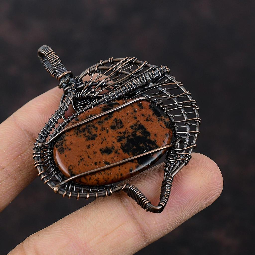 Кулон из красного дерева обсидиана, обернутый медной проволокой, украшения из драгоценных камней, очень красивый медный кулон, кулон ручной работы, обернутый проволокой, уникальный кулон для подарка