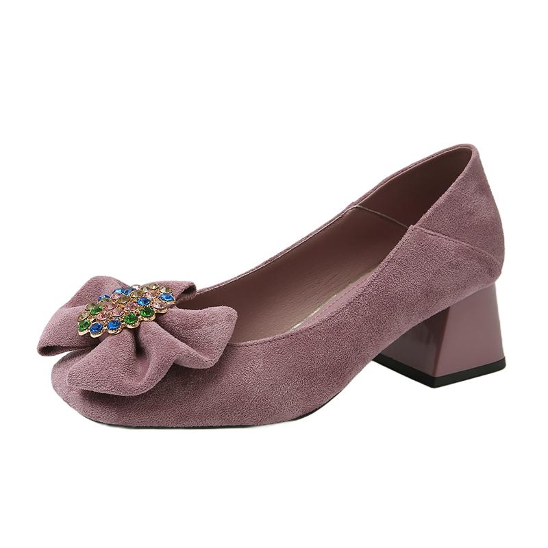 Модные Сладкие Однотонные Туфли Летние Новые Квадратный Носок Мелкий Вырез Хрустальная Пряжка Бант из Ленты Противоскользящая Износостойкая Каблуки