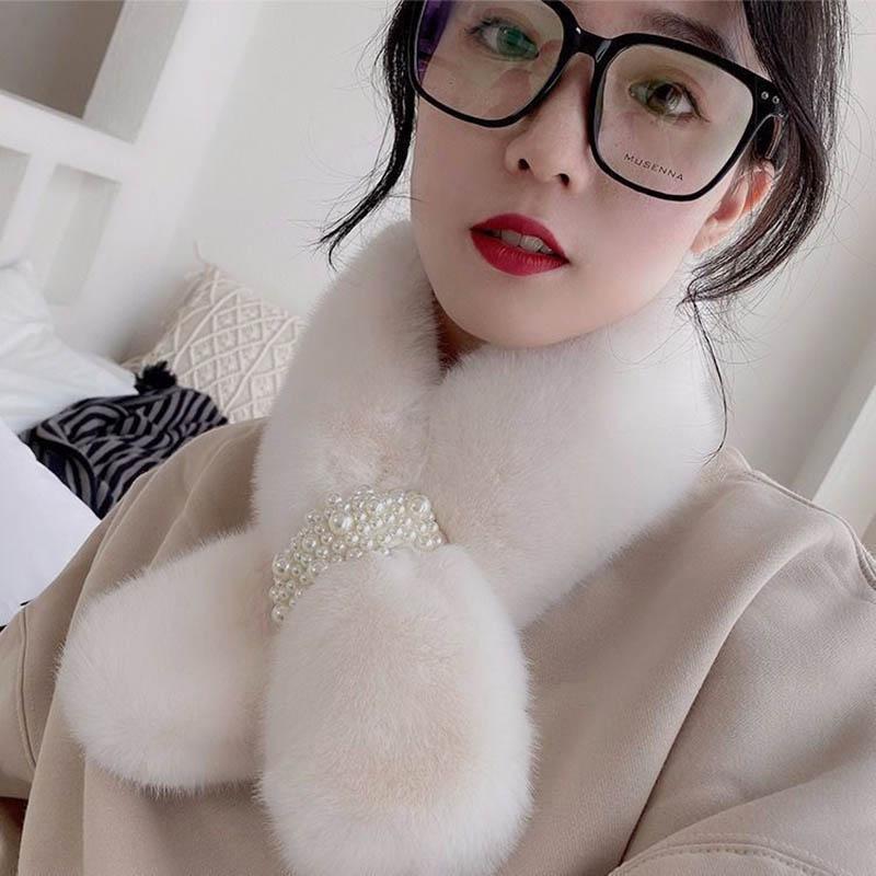 Women Winter Net Red Thicken Solid Color Faux Rabbit Fur Plush Cross Collar Scarf Shawl