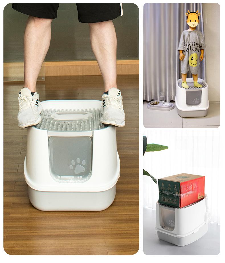 Очень большой, полностью закрытый, легкоочищаемый кошачий туалет с дезодорирующими и съемными функциями, в комплект входит совок для мусора