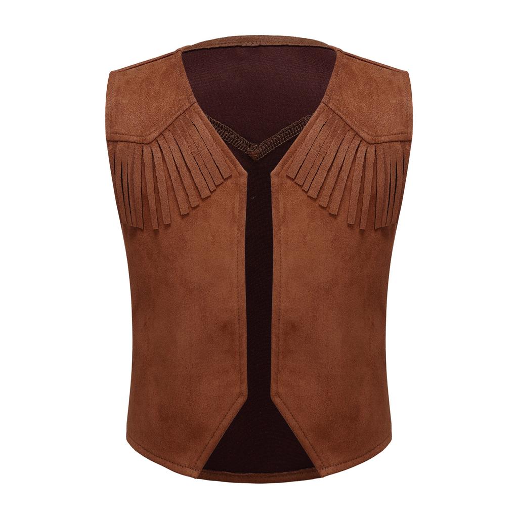 Boys Western Cowboy Vest Pointed Hem Fringe Decor Open Front Design Cosplay Halloween Costume