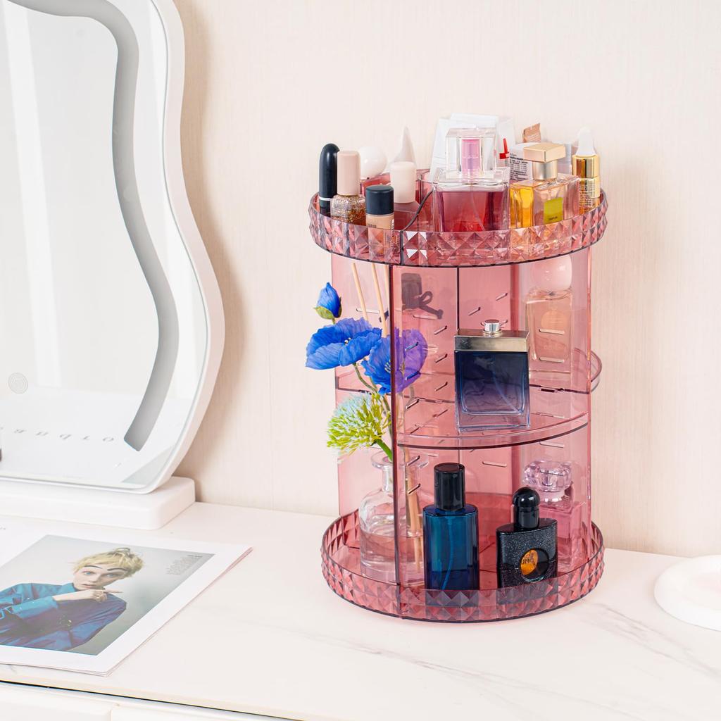 Large Capacity Acrylic Makeup Box with Rotating and Diamond Perfect for Cosmetics and A Gift for Women Pink Diamond Pattern Dividers, 360° Design,
