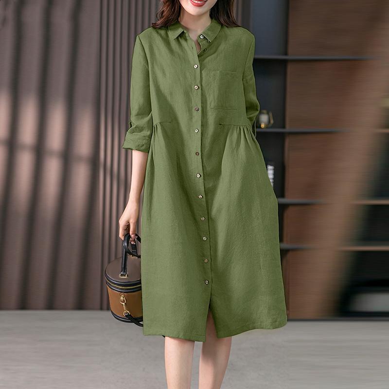 Весна/Лето 2023 Женское Свободное Хлопково-Льняное Платье-Рубашка Миди с Рукавами Семь Восьмых