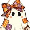 Party Background Decor Halloween Cute Bow Ghost Door Sign, Wooden Patchwork Hanging Plaque with Pumpkin Candy Basket, Wood Craft Decoration Retro Wall
