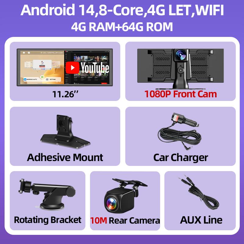 11,26-дюймовый Автомобильный видеорегистратор Android 14 4G+64G 4G LTE WIFI Видеорегистратор Carplay Android Auto Двойная камера Запись 1080P Поддержка Youtube Netflix