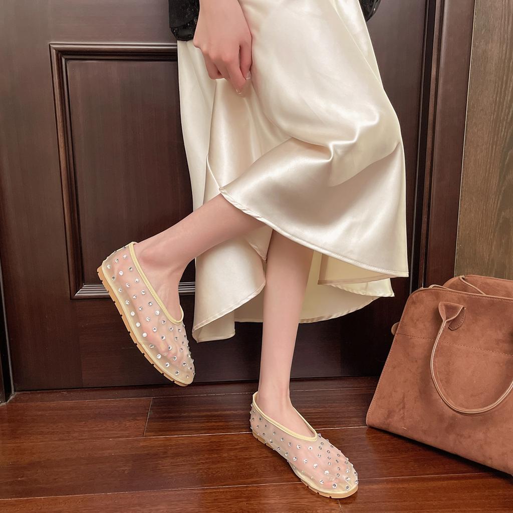 Mesh Rhinestone Mary Jane Single Shoes Women's Spring and Summer New Shallow Mouth Versatile Ballet Shoes Fashionable Large Size Sandals