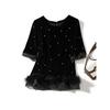 French Style Soft Girl Design Feather Bottoming Shirt! Women Beads Three-Quarter Sleeve Real Velvet Flash T-shirt Spring and Autumn