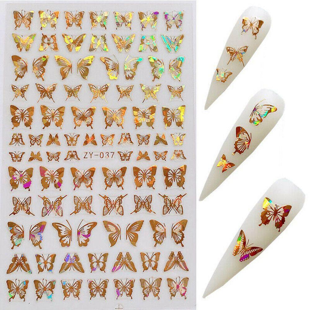 Hot Nail Decals Gold Silver DIY Nail Stickers 3D Butterfly Adhesive Holographic