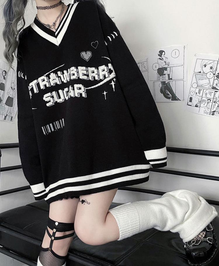 Женские толстовки большого размера Y2K в черную полоску в стиле Харадзюку, толстовки с буквенным принтом в стиле гранж, свободные повседневные топы с v-образным вырезом в готическом стиле