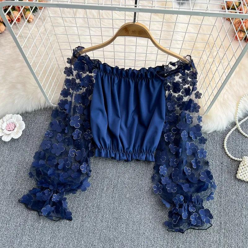 Шифоновая рубашка на одно плечо, прозрачная сетчатая строчка, свободная талия, укороченный топ с открытыми плечами, женские топы