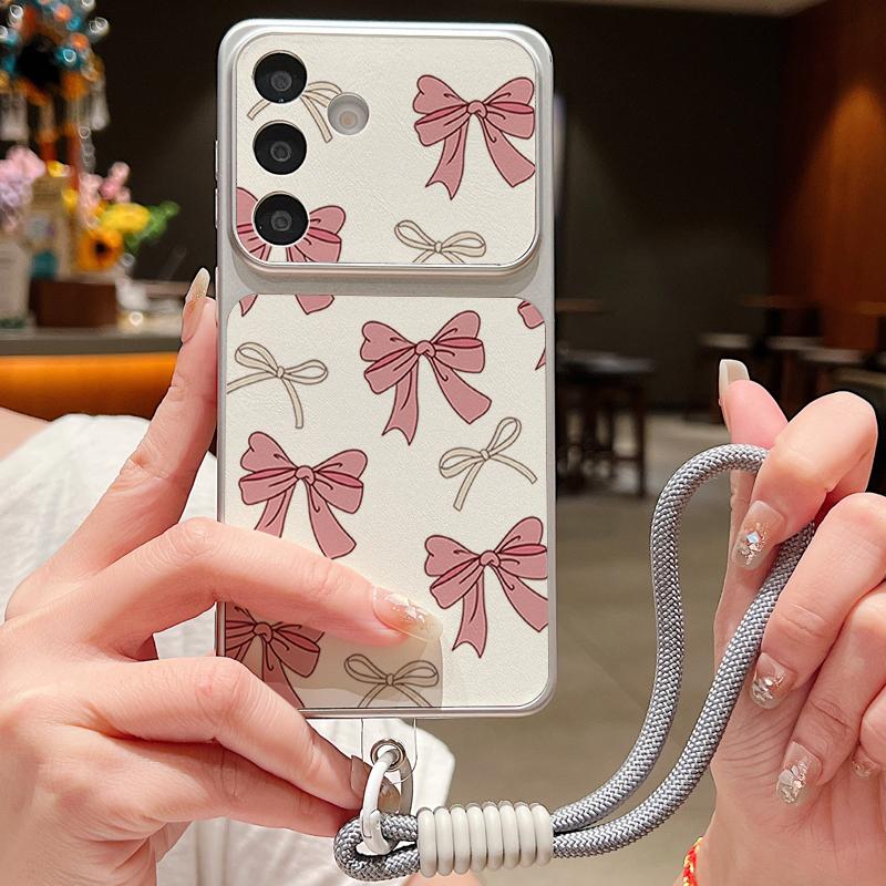 Чехол-ремешок из кожи с цветочным принтом и розовыми бантами для Samsung S26 S25 Ultra S24 S23 S22 Plus S21 FE A16 A17 A26 A36 A37 A54 A55 A56 A57 5G