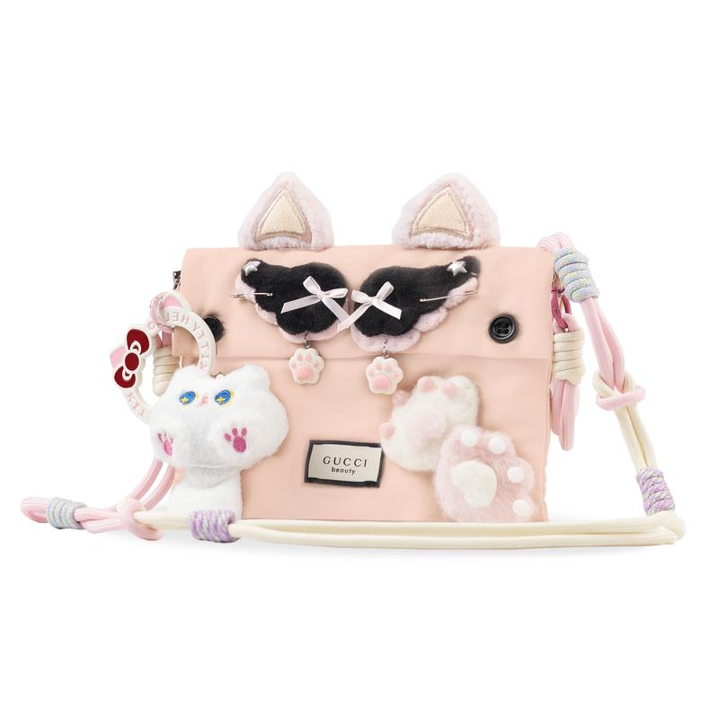 Gucci Cosmetic bag/toiletry bag [Customized bag] Canvas cute kitten, childish, soft, delicate, cute Pink canvas bag without gift box gift bag