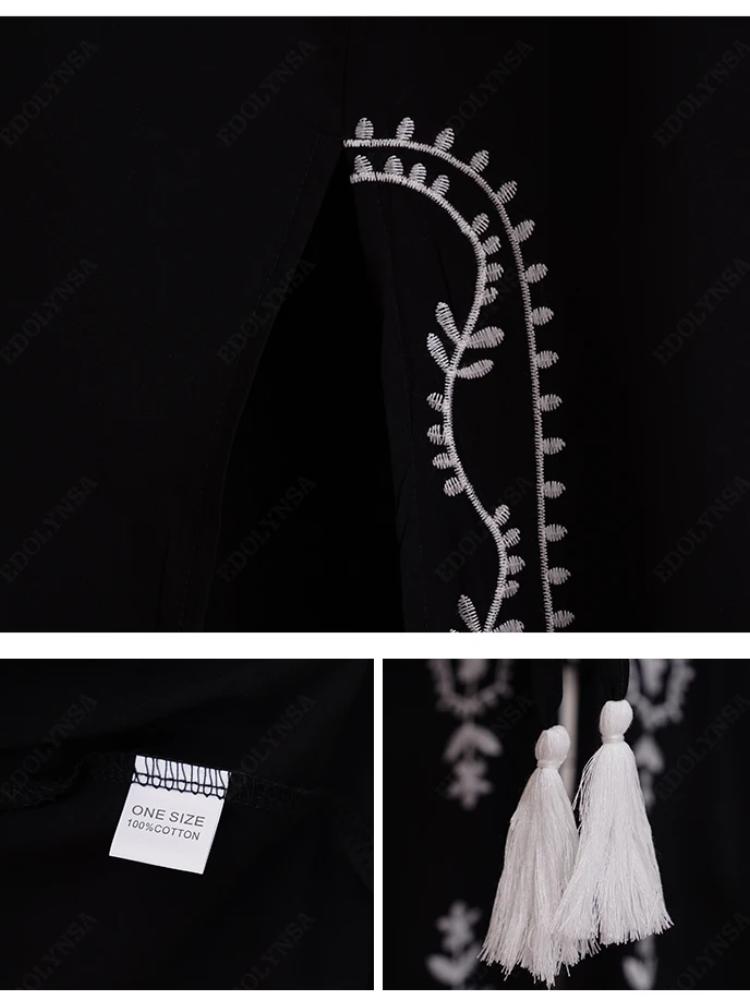 EDOLYNSA Сексуальное черное кимоно с вышивкой, женское кафтан с бахромой, корсет, туника, летнее пляжное платье макси, пляжная одежда больших размеров, купальный костюм, накидка