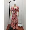 Summer Women's Printed Short Sleeve Dress V-Neck Waist Slim Loose Swing Long Dresses