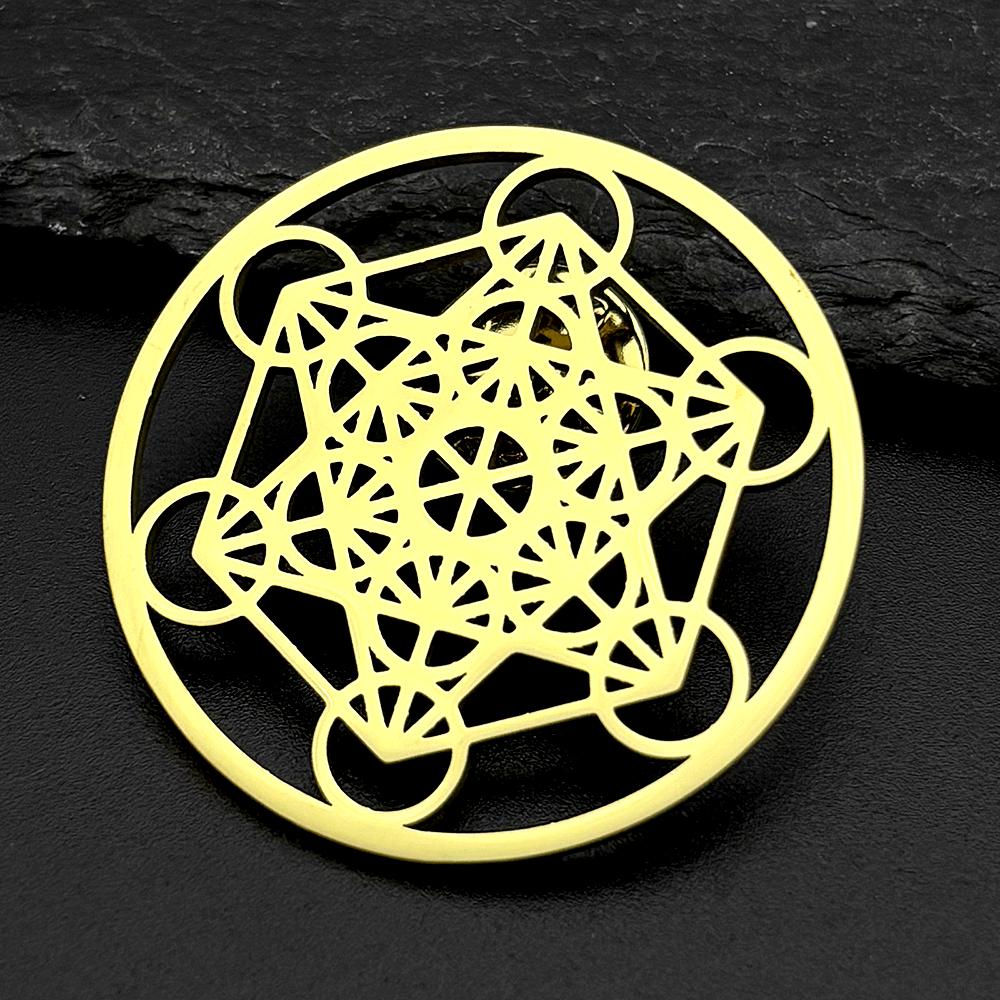 Flower of Life Stainless Steel 7 Chakras Brooch Pins for Women Men Gold Color Metatron Cube Sacred Geometry Symbol Jewelry Gift