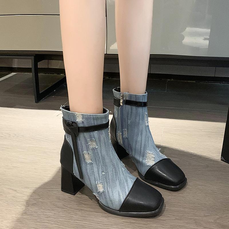 2024 Высококачественная женская обувь Женские ботинки на молнии Осенние квадратные носки Разноцветные голые ботинки Средний каблук Zapatillas De Mujer