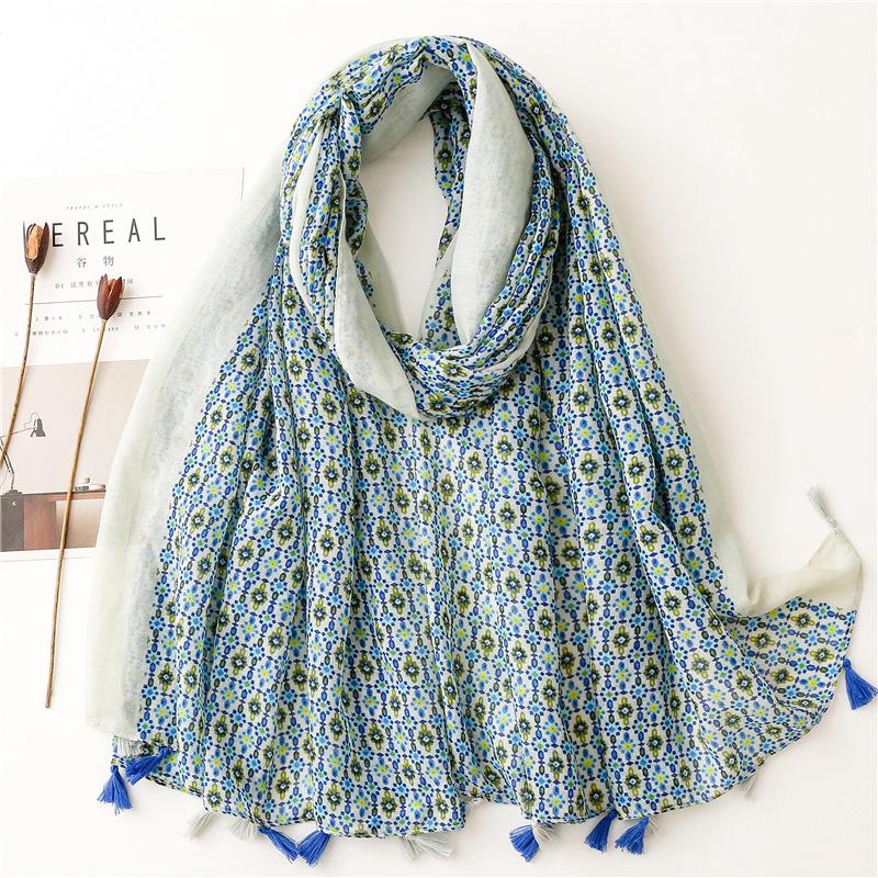 Маленький свежий китайский стиль ретро синий и белый фарфоровый хлопковый лен шарф на ощупь Балийский шелковый шарф с синей тушью Цветочная женщина