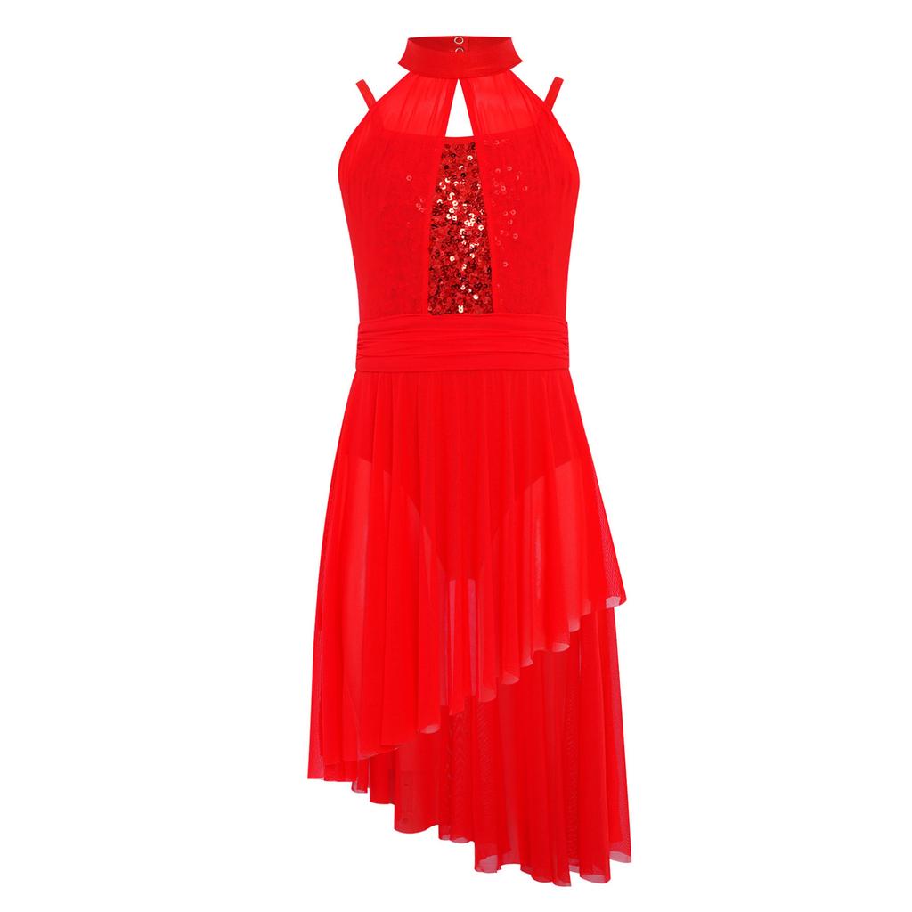 Girls Lyrical Performance Costume Shiny Sequins Sleeveless Asymmetrical Dance Dress with Sheer Mesh Skirt